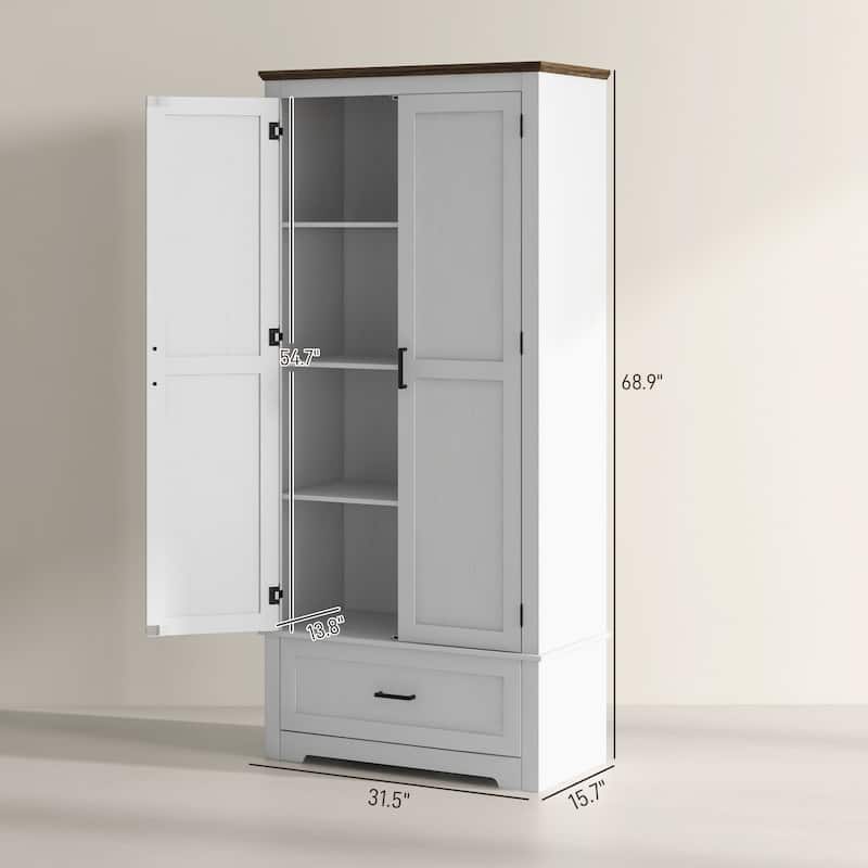 69" Tall Kitchen Pantry Storage Cabinet, Farmhouse Freestanding Pantry Cabinet with 2 Doors, Drawer and Adjustable Shelves