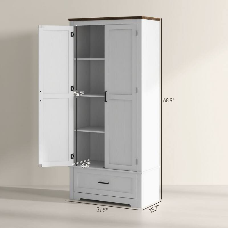 White Kitchen Pantry Cabinet with Adjustable Shelves and Drawer for Storage Organization - 31.5" W x 15.7" D x 68.9" H