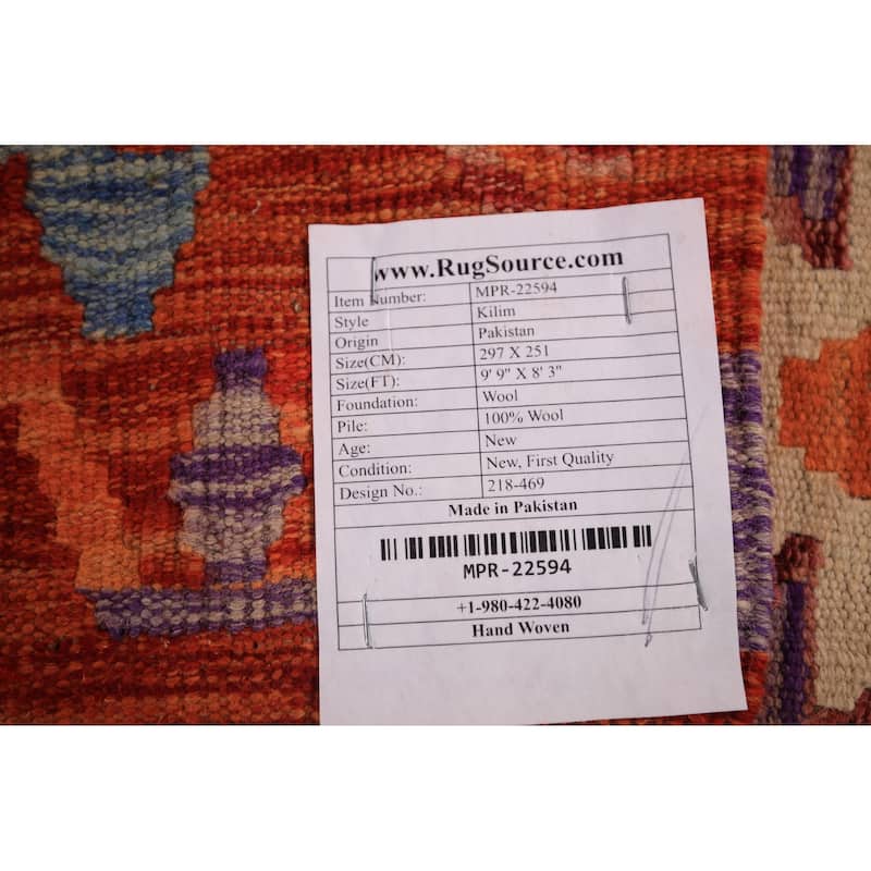Reversible Orange Kilim Oriental Area Rug Hand-Woven Wool Carpet - 8'3" x 9'9"