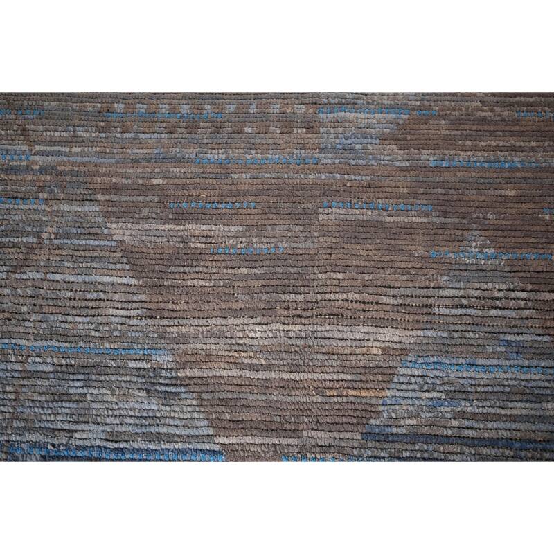 Blue Striped Moroccan Abstract Area Rug Hand-Knotted Wool Carpet - 8'0"x 12'7"