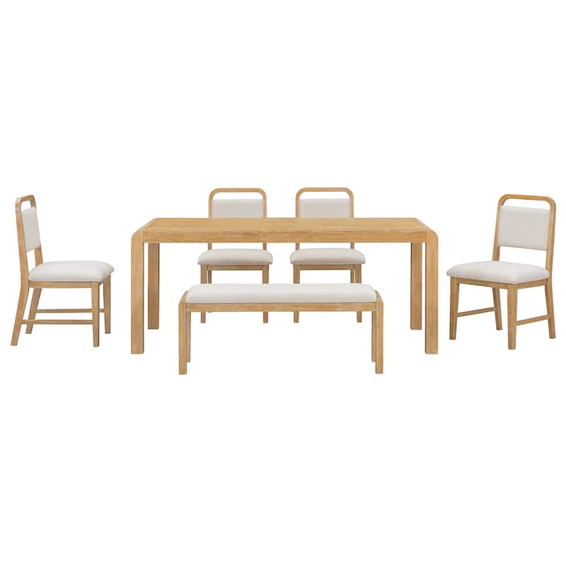 6-Piece Vintage Extendable Dining Table Set for 4-6 with 4 Upholstered Chairs & Bench, Rustic Wire-Brushed Kitchen Table