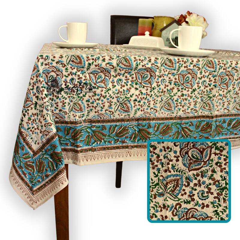 Ashlyn Handmade Cotton Floral Square Tablecloth Blue Red Green - 70 x 70 in