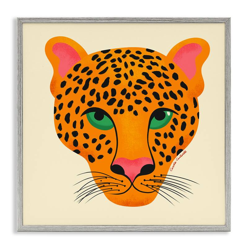 Stupell Modern Leopard Wildlife Face Framed Giclee Art Design By Carrie Cantwell - 17 x 17 - Grey