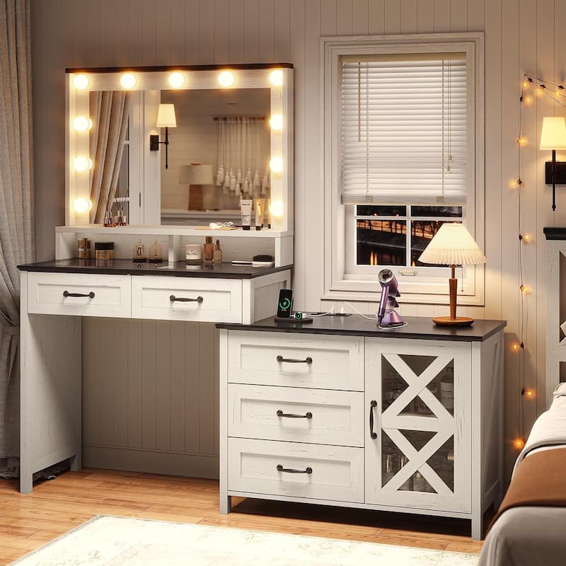 Farmhouse Vanity Desk with Lights & Power Strip Drawers Cabinets