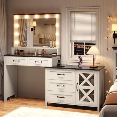 Farmhouse Vanity Desk with Lights & Power Strip Drawers Cabinets