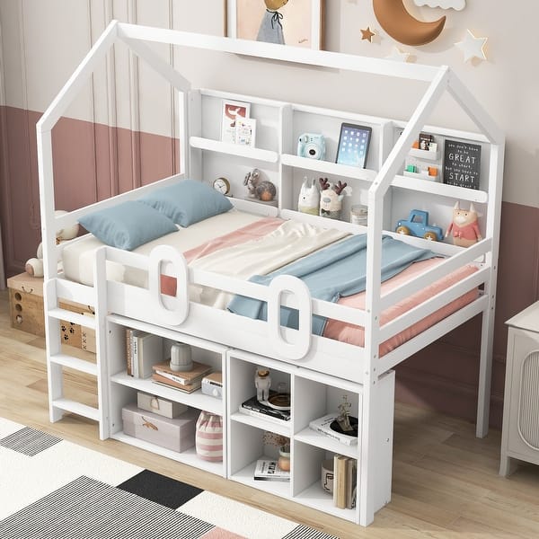 slide 2 of 16, Twin Size House Loft Bed with Multiple Storage Shelves White