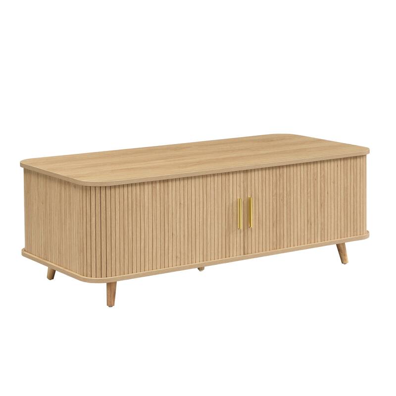 Aron Mid-Century Modern Coffee Table with Semi-Open Tambour Doors and 4 Hidden Storage Compartments, 47.24"