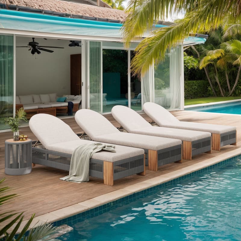Outdoor Chaise Lounge w/Adjustable Backrest and Waterproof Cushion, Acacia Wood Pool Chair - Teak+Grey 4chair+1 side table
