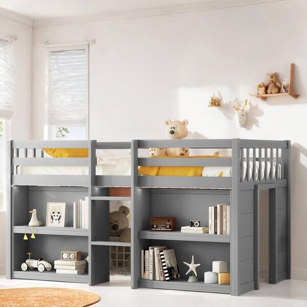 slide 2 of 11, Stylish & Multi-Functional Twin Low Loft Bed With 2-Tier Shelves and LED Light, Sturdy Construction & Safety Guaranteed, Grey