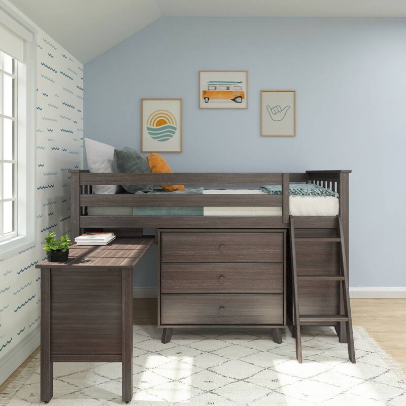 Max and Lily Twin-Size Low Loft with Pull-Out Desk and 3-Drawer Dressers