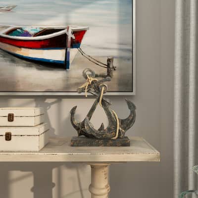 Black Metal Anchor Decorative Sculpture with Jute Rope Accents