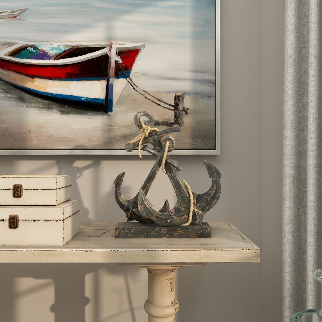 Black Metal Anchor Decorative Sculpture with Jute Rope Accents
