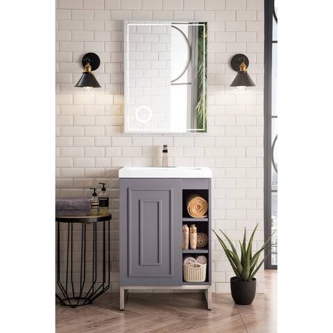 Alicante' 24" Single Vanity Cabinet, Grey Smoke, w/White Glossy Composite Stone Countertop