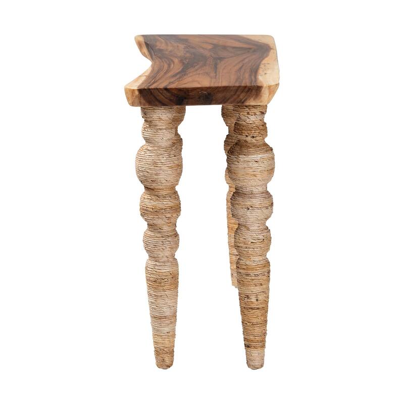 Nasnan Teak Wood Console Table with Seagrass and Bobbin Legs - Sculptural Narrow Entryway Table with Hand-wrapped Turned Legs