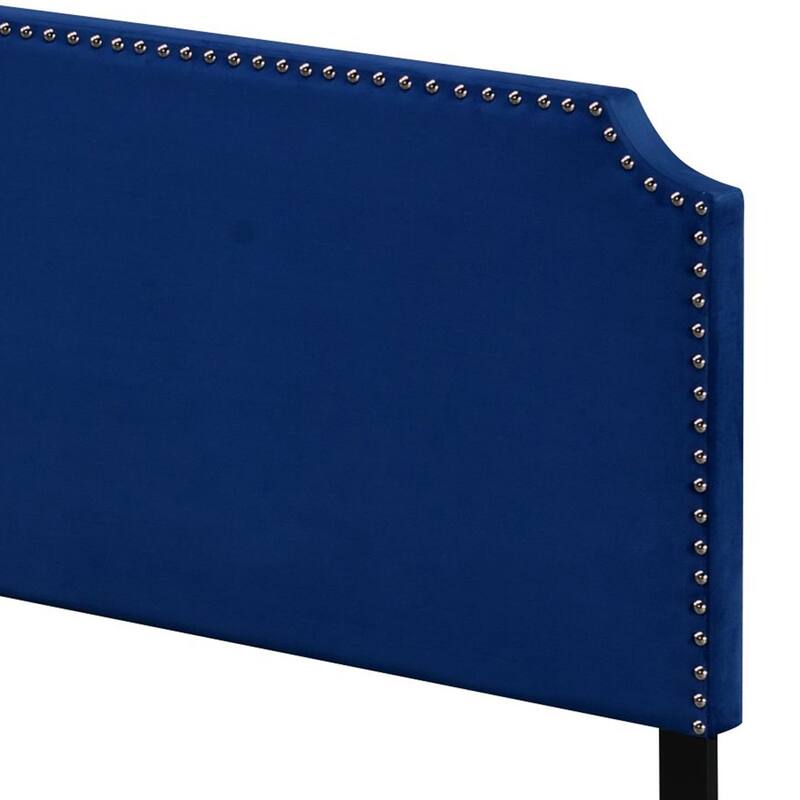 Blue Velvet Queen Bed with Nailhead Trim and Wooden Legs