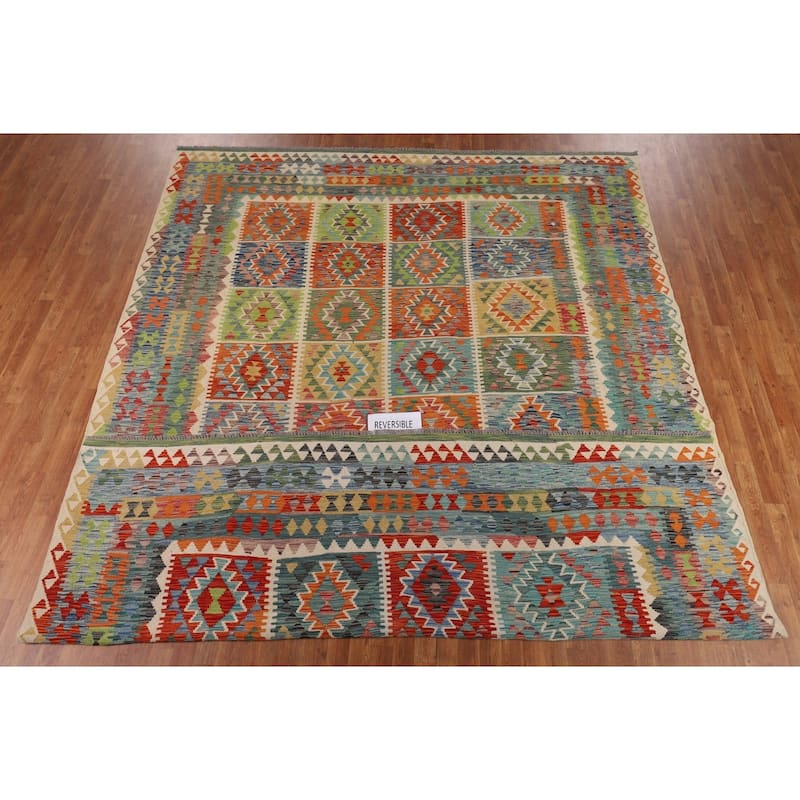 Geometric Colorful Kilim Oriental Area Rug Flatweave Wool Carpet - 9'9" x 13'0"