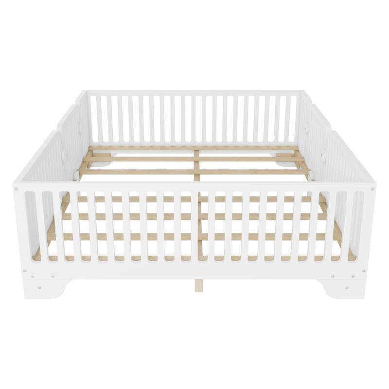 Full/Twin Montessori Floor Bed with Slats, Fence and Door, No Box Spring Needed