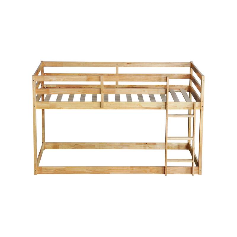 Solid Rubber Wood Twin over Twin Floor Bunk Bed with Ladder, Natural