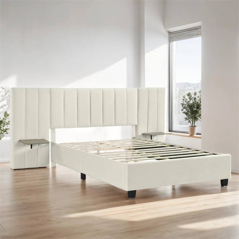 Queen Size Upholstered Platform Bed with Big Headboard, Velvet
