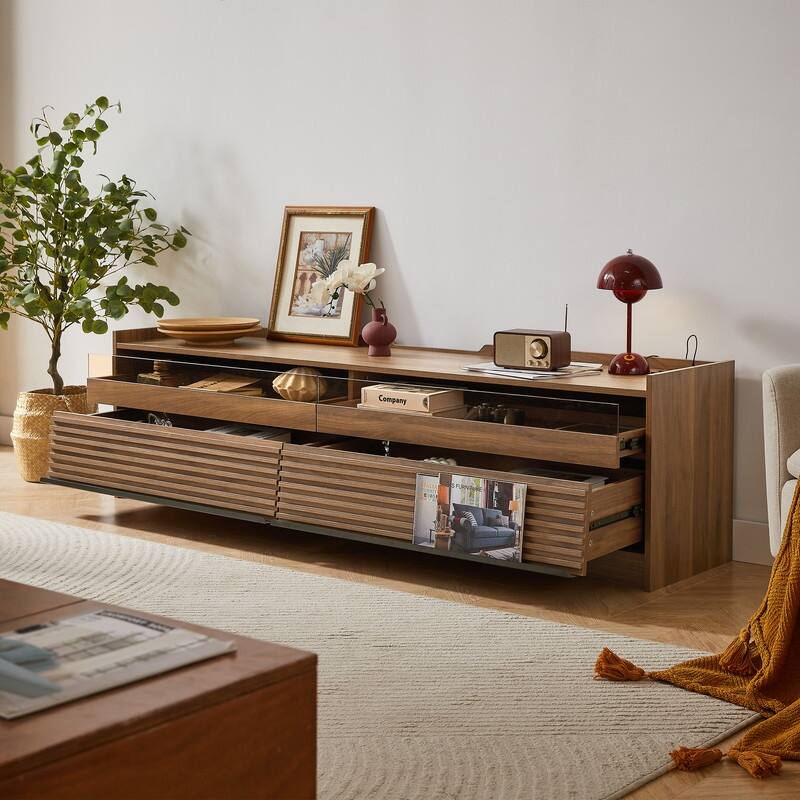 Sleek Entertainment Center – Smart Storage Drawers + Charging Station + LED Accent Lighting in Premium Finish - Walnut