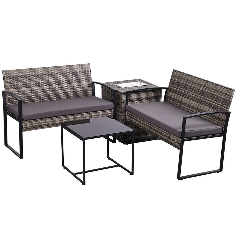4-Piece Wicker Outdoor Sofa Set, 2 Loveseats, 1 Table, 1 Ice Bucket