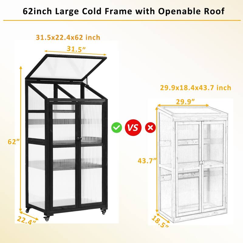 62" Portable Cold Frame Greenhouse with Wheels & Adjustable Shelves