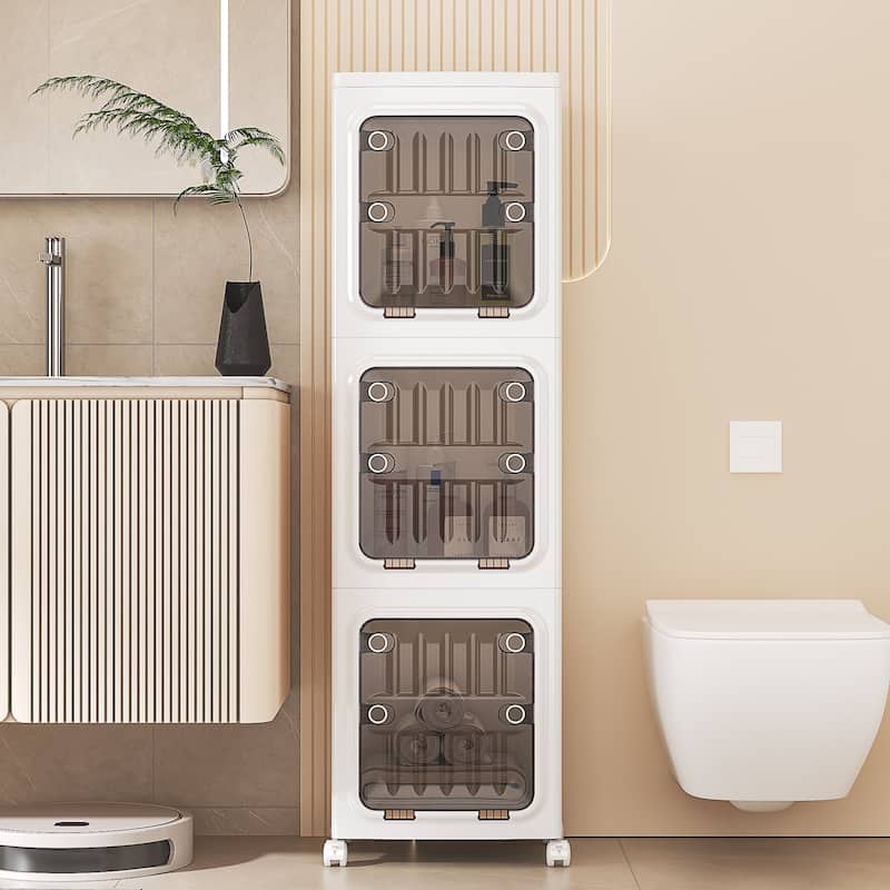 VECELO White 3-Tier & 4-Tier Narrow Storage Bins Foldable Stackable ABS Organizer Bins with Wheels for Bathroom Living Room
