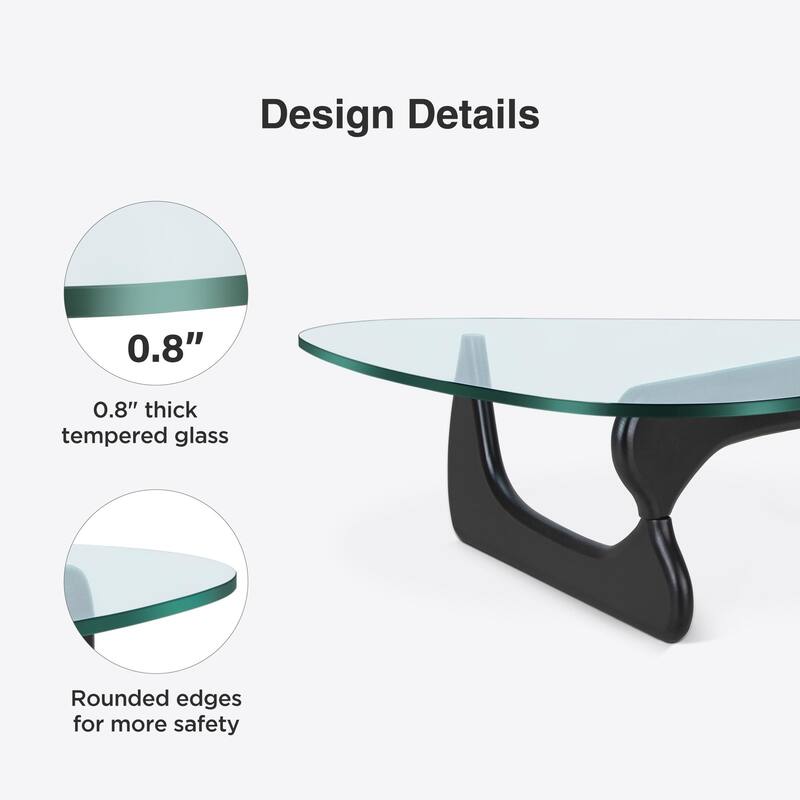 0.78 " Modern Triangle Glass Noguchi Coffee Table Cherry Wood Base