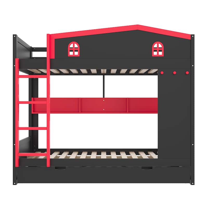 Queen over Queen Bunk Bed with Trundle, Shelves and Hooks