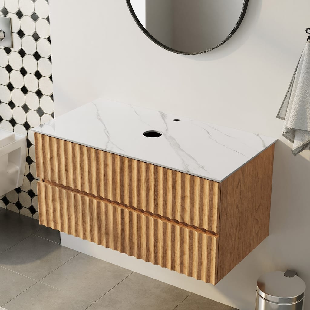 36" Floating Bathroom Vanity with Sintered Stone Countertop, Solid Wood Drawer Cabinet, No Sink Included, Natural Wood Finish
