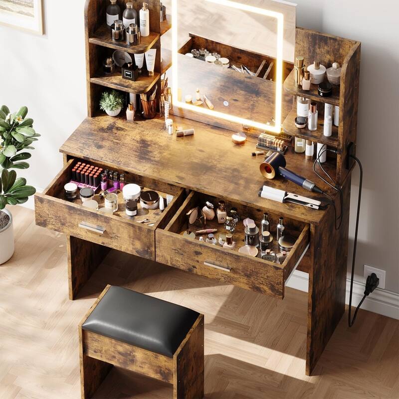 Makeup Vanity Set with Mirror, Stool， Charging Station， 2 Drawers, 6 Shelves