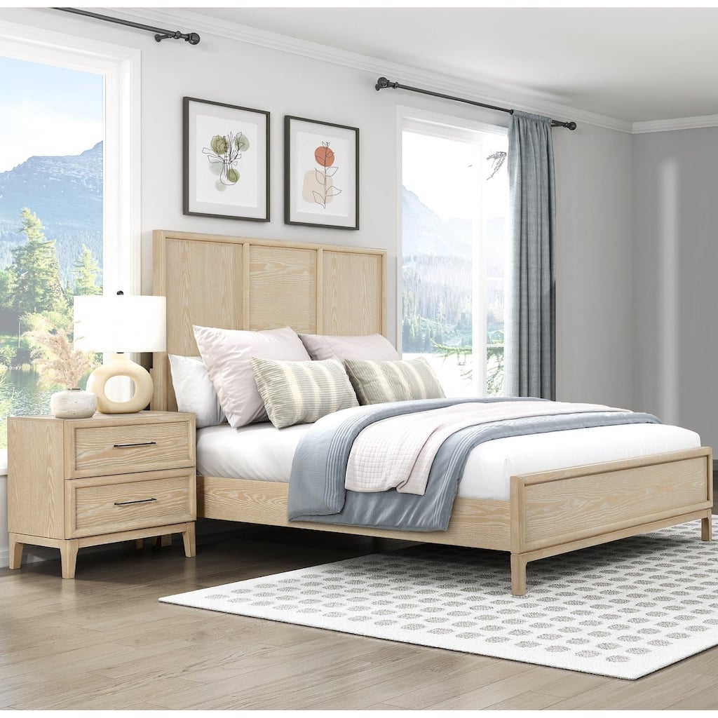 3Pc Light Brown Bedroom Set Panel Bed and Two Nightstands