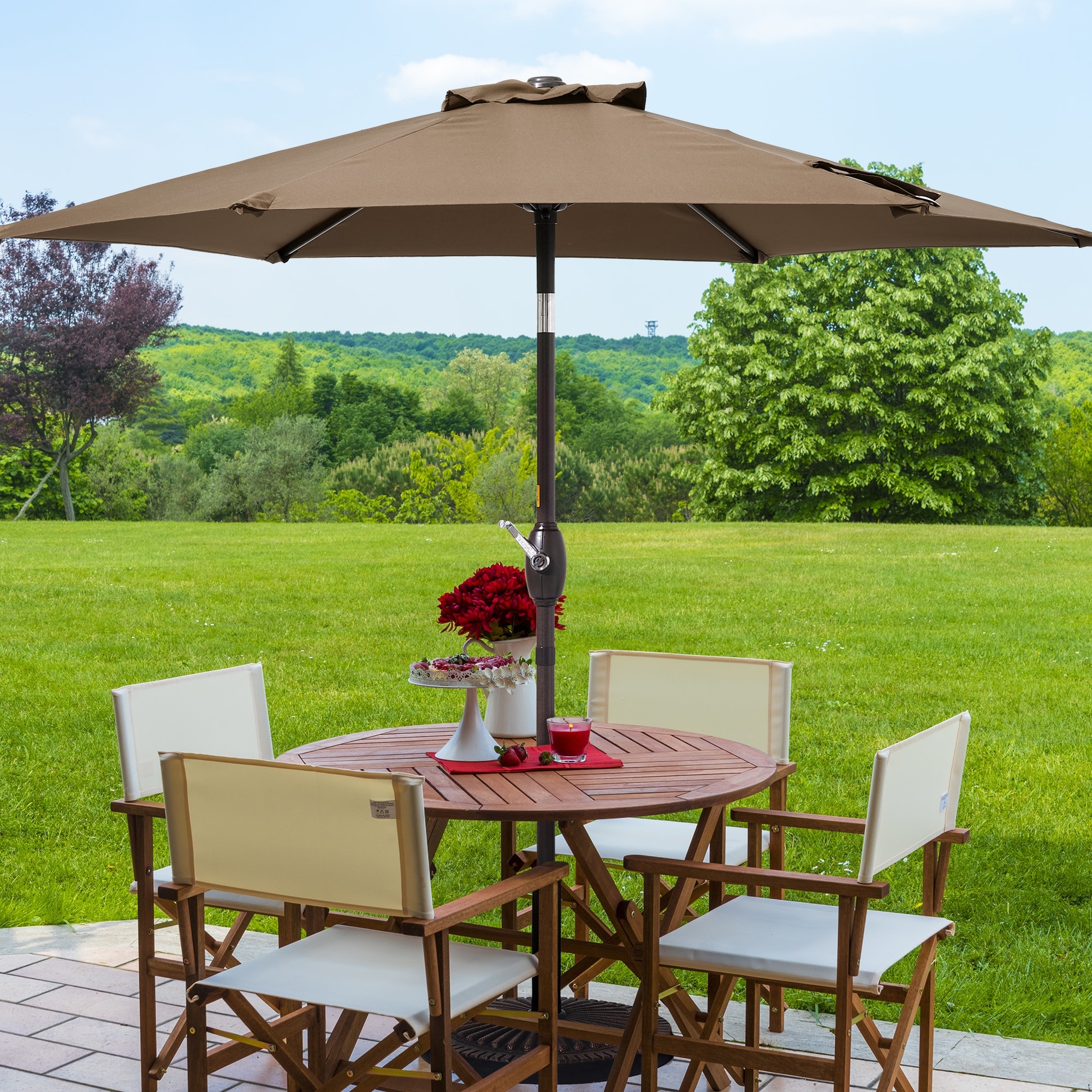 7 beige patio umbrella with tilt Outdoor Bronze 7.5' Push Button Umbrella, Quick Ship Add dependable shade to your outdoor space with this 7.5 ft Market Umbrella featuring a convenient push button tilt North Bend 7.5-foot Crank Lift
