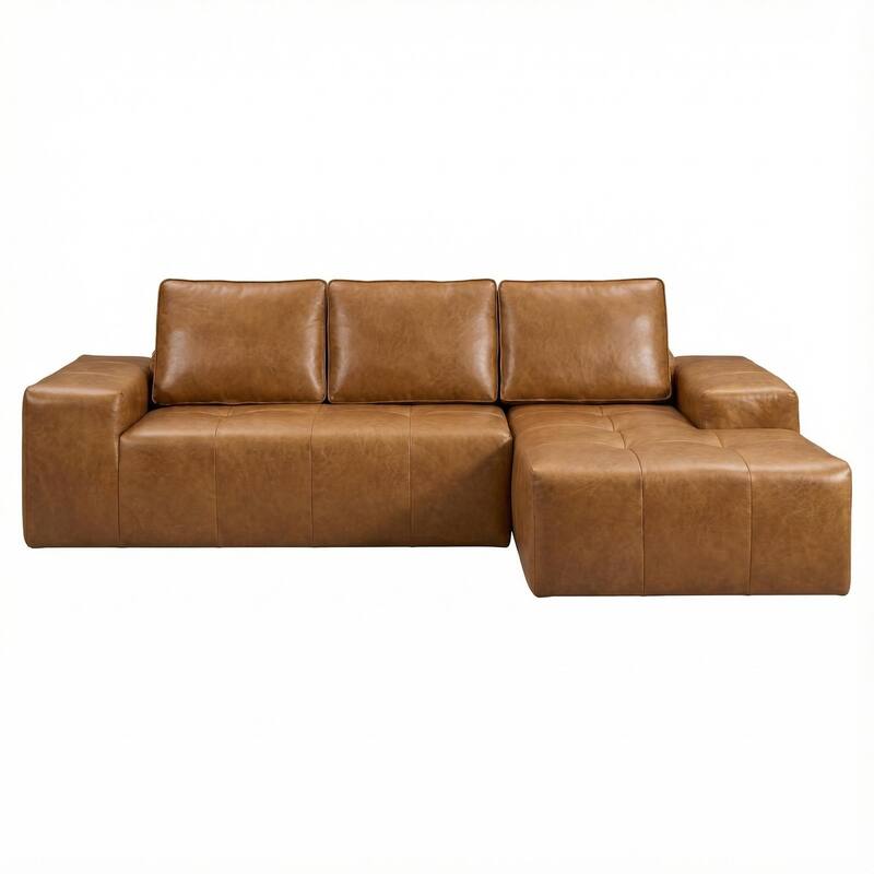 Brown Faux Leather L-Shaped Sectional Sofa with Chaise, Deep Seat Cloud Couch - No Assembly Required