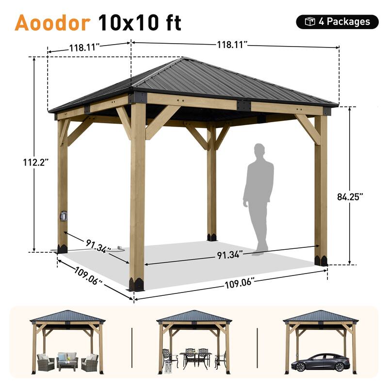 Aoodor 10 x 10 ft Wooden Frame Gazebo with 2-Tier Galvanized Metal Hardtop Roof, Outdoor Patio Gazebo with Charging Socket