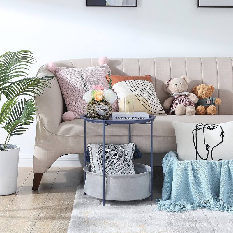 VECELO Small Round Side Table with Removable Tray & Fabric Storage Bin Easy 5-Min Assembly for Living Room Bedroom