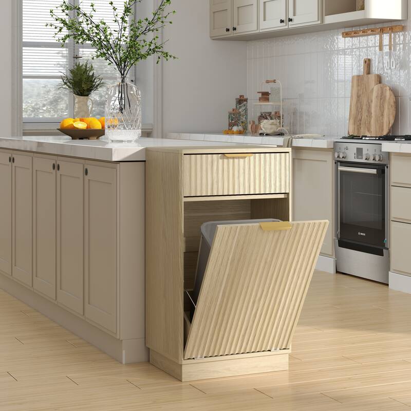 GDFStudio - Harper 13-Gallon Woodgrain Tilt-Out Cabinet with Textured Drawer & Hidden Waste Bin - 10-Gallon