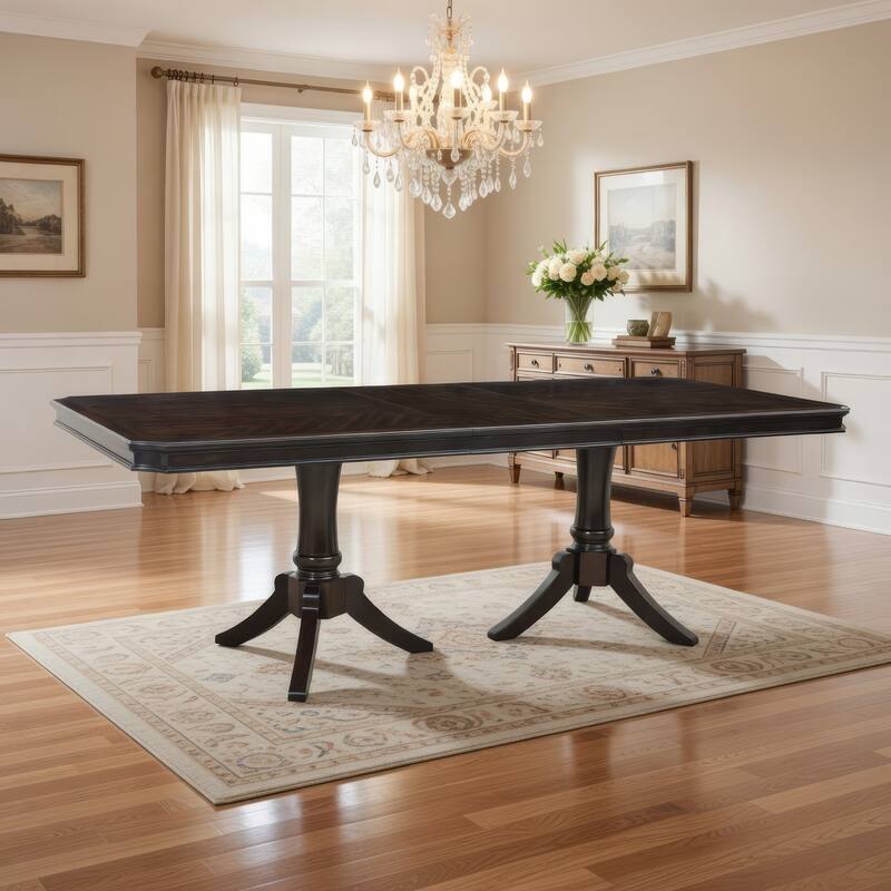 Stoe 76-96 Inch Dining Table, Rectangular Extendable, Pedestal Base, Brown