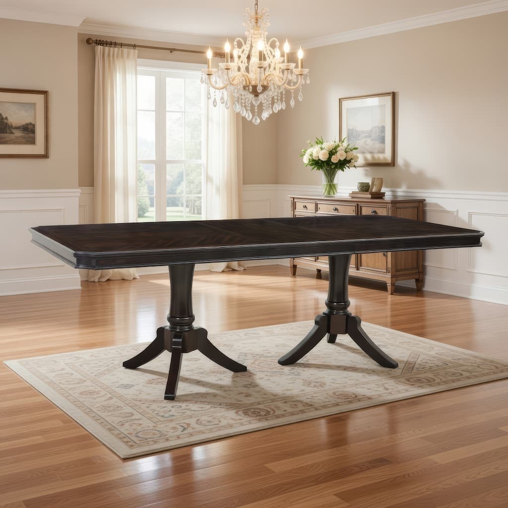 Stoe 76-96 Inch Dining Table, Rectangular Extendable, Pedestal Base, Brown
