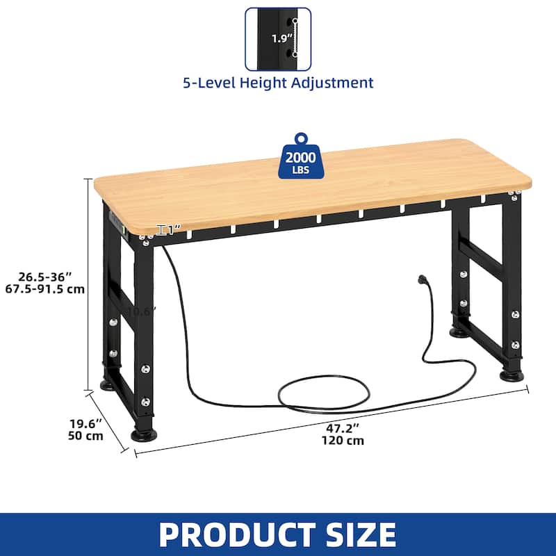 48"/60'' Work Bench for Garage with Pegboard & Power Outlets, 1600 LBS Load Capacity Ideal for Workshop
