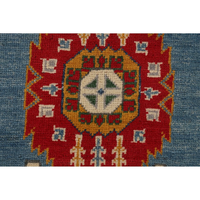 Blue Geometric Kazak Oriental Area Rug Handmade Wool Carpet - 6'8" x 9'7"