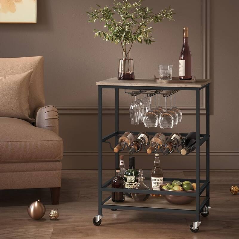 Industrial Bar Serving Cart with Casters, Glass Holders, Wine Holders