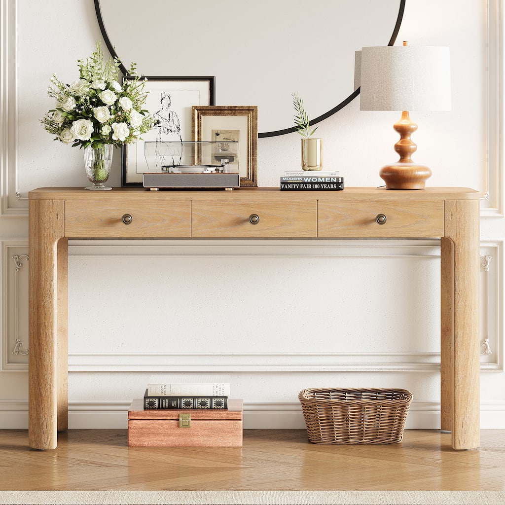 Rustic Console Table with Curved Corners & 3 Concealed Drawers - Sofa Table in Light Oak