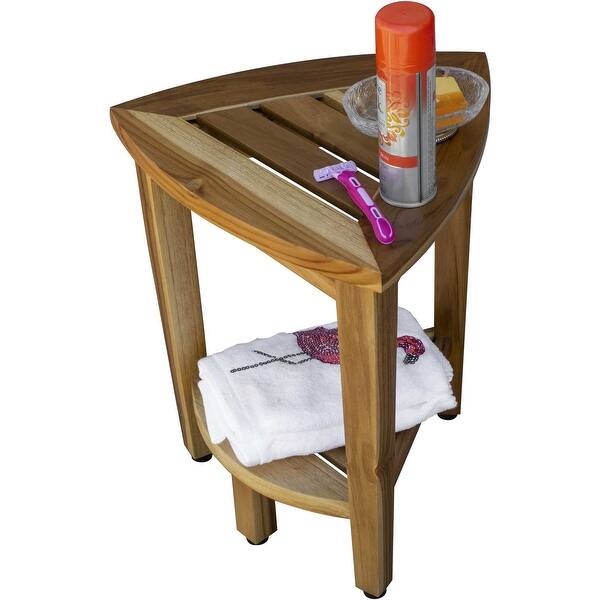 Compact Teak Corner Shower or Outdoor Bench with Shelf in Natural Finish Compact Teak Corner Shower or Outdoor Bench with Shelf in Natural Finish