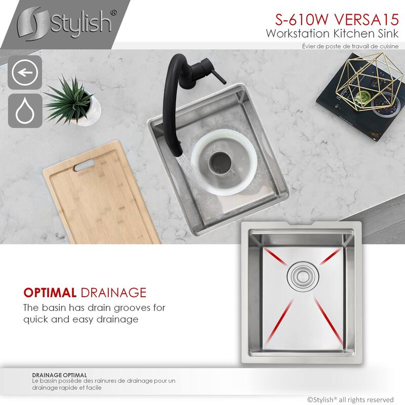 STYLISH 15 inches L x 19 inches W Single Bowl Undermount 16G Stainless Steel Kitchen Sink with Built in Accessories Handmade