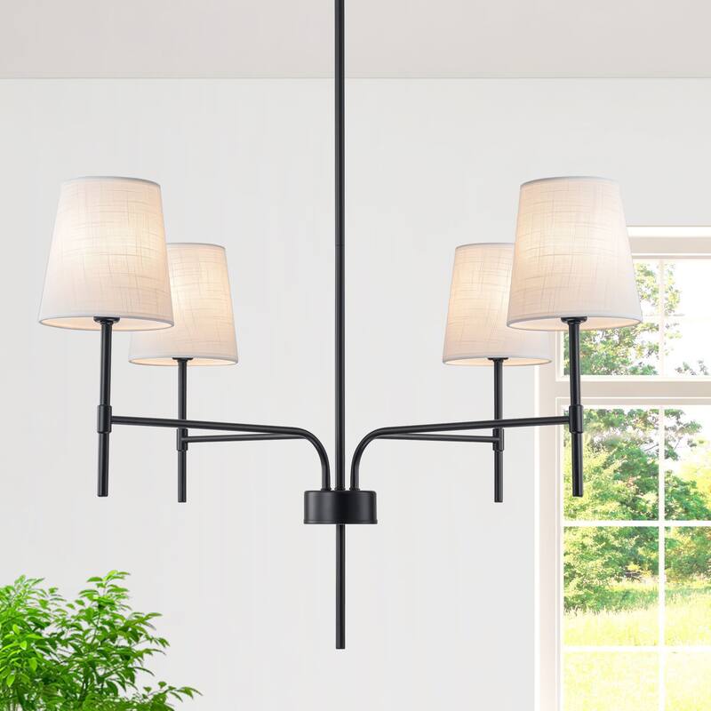 Starsky Transitional & Modern Chandelier with White Fabric Shades - 4-Light - Matte Black
