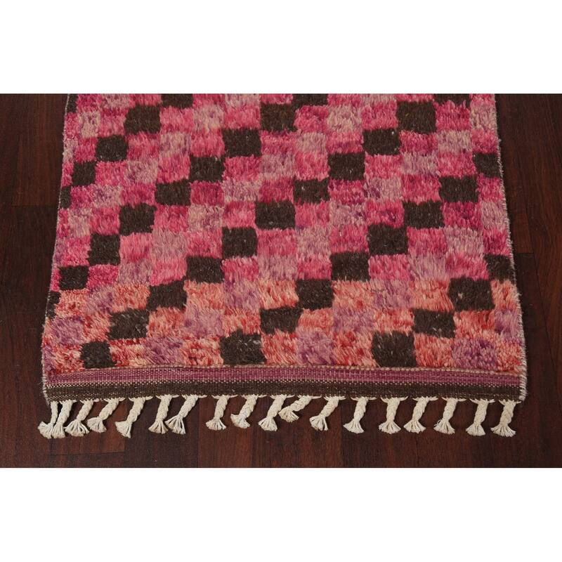 Modern Checkered Moroccan Oriental Wool Runner Rug Hand-knotted Carpet - 2'11" x 12'10"