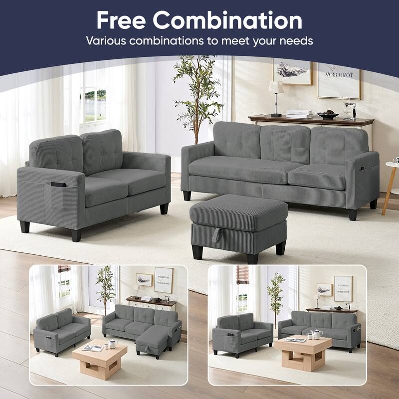 Mixoy 76'' L-Shaped Sofa Set,Corduroy Sectional Sofa,Mid Century 3-Seater Sofa with Storage Ottoman/Loveseat/Single Sofa