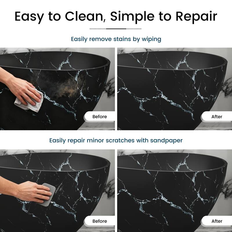 63 in. x 37 in. Solid Surface Freestanding Soaking Bathtub in Matte Black with Royal Misty Marble Pattern, Center Drain