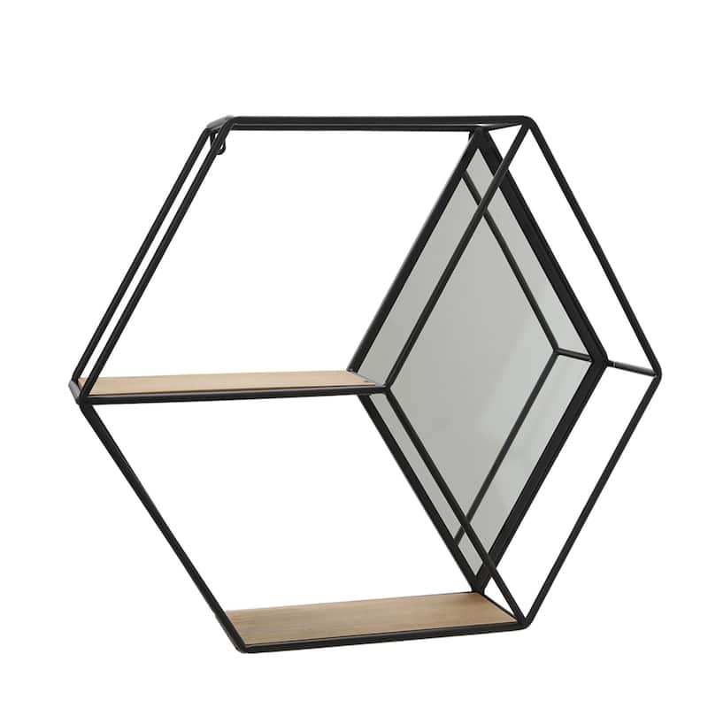 22" Black and Brown Hexagon Mirrored Wall Shelf